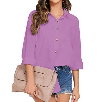 HOTOUCH Button Up Shirt Women 100% Cotton Linen Loose-Fitting Long Sleeve Shirt Casual Work Blouse Dark Lavender S