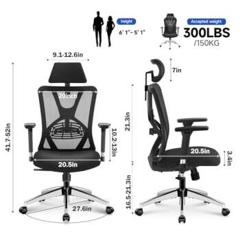 Ticova Ergonomic Office Chair - High Back Desk Chair with Adjustable Lumbar Support & 3D Armrest - 1...