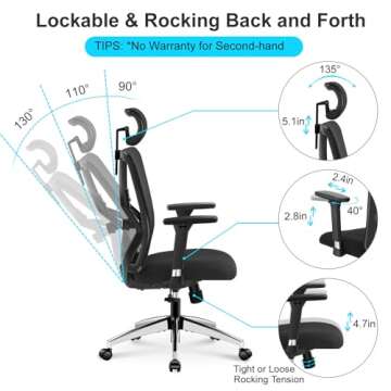 Ticova Ergonomic Office Chair - High Back Desk Chair with Adjustable Lumbar Support & 3D Armrest - 130°Reclining & Rocking Mesh ComputerChair with Thick Seat Cushion & Rotatable Headrest