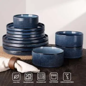 Famiware Star Dinnerware Sets, Plates and Bowls Set for 4, 12 Pieces Dishes - Chip and Scratch Resistant, Microwave and Dishwasher Safe Kitchen Set, Nebulas Blue