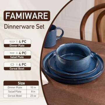 Famiware Star Dinnerware Sets, Plates and Bowls Set for 4, 12 Pieces Dishes - Chip and Scratch Resistant, Microwave and Dishwasher Safe Kitchen Set, Nebulas Blue