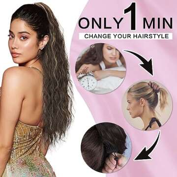 Rosooi 26 Inch Long Black Drawstring Ponytail Extension for Women Synthetic Long Curly Wavy Clip in ...