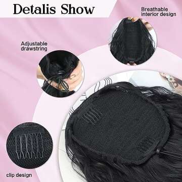 Rosooi 26 Inch Long Black Drawstring Ponytail Extension for Women Synthetic Long Curly Wavy Clip in Ponytail Hair Extensions for Daily Party Use (26 Inch, Auburn Red)