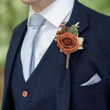 Rinlong 6Pcs Terracotta Boutonnieres for Men Wedding Groom Burnt Orange Boutonniere Fall Rustic Boho...