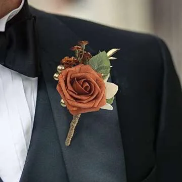 Rinlong 6Pcs Terracotta Boutonnieres for Men Wedding Groom Burnt Orange Boutonniere Fall Rustic Boho Groomsmen Accessories