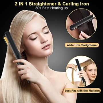 2-in-1 Hair Straightener Flat Iron, Portable Straightener and Curler for All Hairstyles, 30s Fast Heating, Ceramic Tourmaline Hair Straightener Brush for women, Temperature Lock, Anti-Scald & Auto-Off