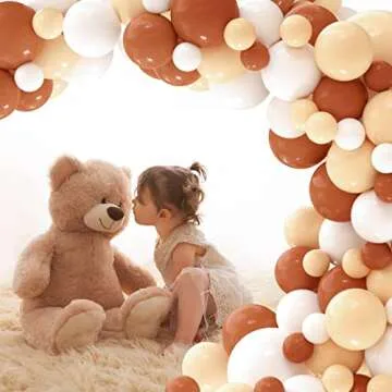 Boho Balloons Neutral Balloon Garland Kit, 107Pcs Brown Nude White Balloons Double Fill Teddy Bear Balloons For Garden Tea Party Pastoral Party Girls Birthday Wedding Decorations