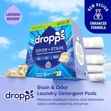 Dropps Odor & Stain Biobased Power Laundry Detergent Pods, Lavender Meadow (64 Pods) - HE Compatible Laundry Pods for Fresh Clothes - Washing Detergent Soap Supplies & Recyclable Paperboard Packaging