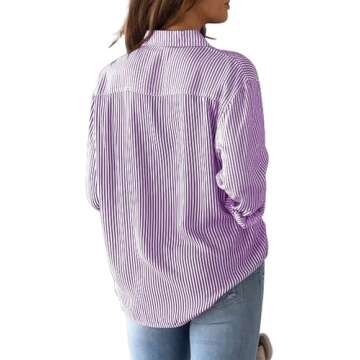 CUNLIN Purple Shirt for Women Shirts Woman Womens Blouse Striped Button Down Long Sleeve Blouses Collared and Tops Fashion Purple Size S