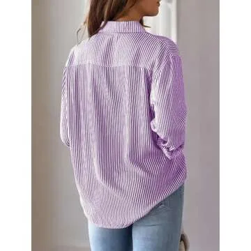 CUNLIN Purple Shirt for Women Shirts Woman Womens Blouse Striped Button Down Long Sleeve Blouses Collared and Tops Fashion Purple Size S