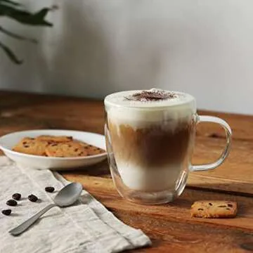 CNGLASS Double Wall Glass Coffee Mugs 12 oz,Insulated Glass Coffee Cups with Handle,Clear Espresso Mugs for Cappuccino,Latte,Tea Bags,Hot and Cold Beverages,Set of 2