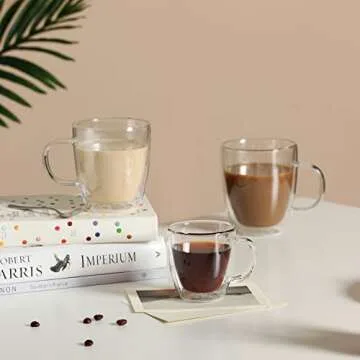 CNGLASS Double Wall Glass Coffee Mugs 12 oz,Insulated Glass Coffee Cups with Handle,Clear Espresso Mugs for Cappuccino,Latte,Tea Bags,Hot and Cold Beverages,Set of 2