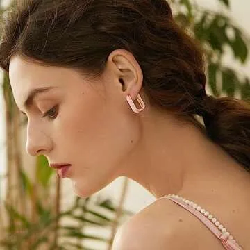 Huggie Hoop Earrings for Women, 18K Gold Plated Colorful Enamel Huggie Earrings Small Hypoallergenic Cute Jewelry Gifts (Blush Pink)