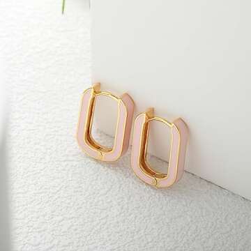 Huggie Hoop Earrings for Women, 18K Gold Plated Colorful Enamel Huggie Earrings Small Hypoallergenic Cute Jewelry Gifts (Blush Pink)