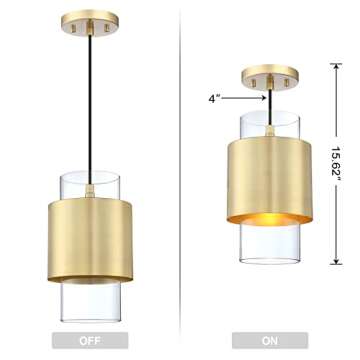1 Light Hanging Indoor Kitchen Island Pendant Light 6" Drum Glass Shade Pendant Ceiling Light Fixtures Modern Farmhouse Dinning Over Sink (Gold Finish, 2 Pack)