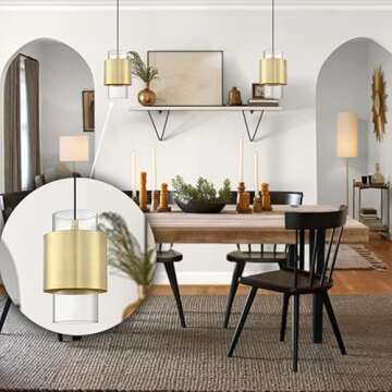 1 Light Hanging Indoor Kitchen Island Pendant Light 6" Drum Glass Shade Pendant Ceiling Light Fixtures Modern Farmhouse Dinning Over Sink (Gold Finish, 2 Pack)