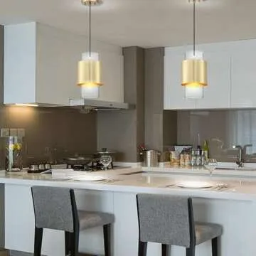 1 Light Hanging Indoor Kitchen Island Pendant Light 6" Drum Glass Shade Pendant Ceiling Light Fixtures Modern Farmhouse Dinning Over Sink (Gold Finish, 2 Pack)