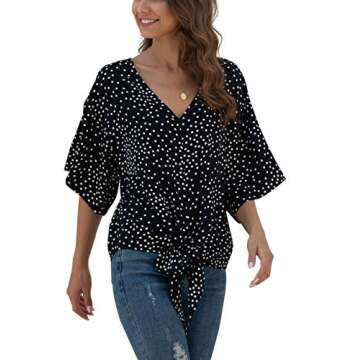 VIISHOW Women Bell Sleeve Shirt Tie Knot Casual Chiffon Blouses Tops(Black Dot,Medium)