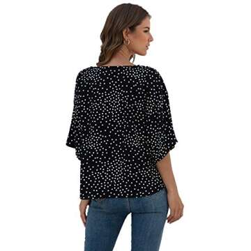 VIISHOW Women Bell Sleeve Shirt Tie Knot Casual Chiffon Blouses Tops(Black Dot,Medium)