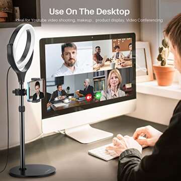 Video Conference Lighting Computer Ring Light - Webcam Laptop Light Ring for Zoom Meetings, Video Recording, Desktop Circle Ring Light with Stand & Phone Holder, Zoom Lighting for Computer