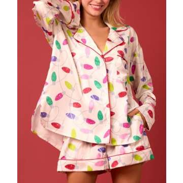 Argeousgor Women Christmas Pajamas Funny Graphic Pjs Set Long Sleeve Button Down Shirt Shorts 2024 H...