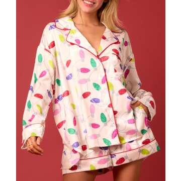 Argeousgor Women Christmas Pajamas Funny Graphic Pjs Set Long Sleeve Button Down Shirt Shorts 2024 Holiday Sleepwear White