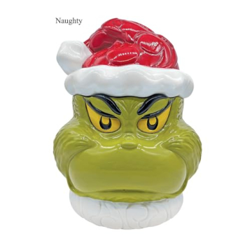 Enesco Dr. Seuss Grinch by Jim Shore Santa Grinch Naughty or Nice Two-Sided Cookie Jar with Lid, Ceramic Hand Crafted Canister Collectible Christmas Home Decor Kitchen Gift, 10.45 Inch, Multicolor