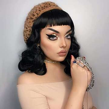 G&T Wig Rockabilly Vintage Wigs for Women, Short Black Wig with Bangs, Shoulder Length Heat Resistan...