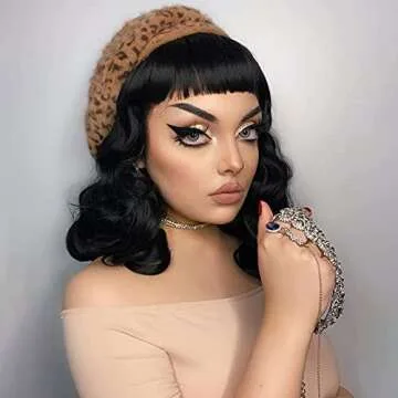 G&T Wig Rockabilly Vintage Wigs for Women, Short Black Wig with Bangs, Shoulder Length Heat Resistan...