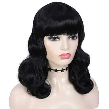 G&T Wig Rockabilly Vintage Wigs for Women, Short Black Wig with Bangs, Shoulder Length Heat Resistant Short Curly Bettie Page Wigs for Cosplay & Daily Use