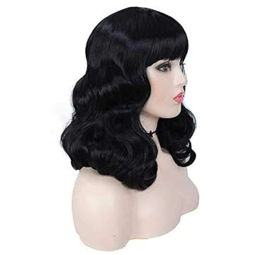 G&T Wig Rockabilly Vintage Wigs for Women, Short Black Wig with Bangs, Shoulder Length Heat Resistant Short Curly Bettie Page Wigs for Cosplay & Daily Use