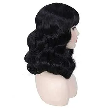 G&T Wig Rockabilly Vintage Wigs for Women, Short Black Wig with Bangs, Shoulder Length Heat Resistant Short Curly Bettie Page Wigs for Cosplay & Daily Use