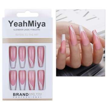 24Pcs French Tip Press on Nails, Pink Glossy Fake Nail Long Nails Tips Full Cover Glue on Nails Square Cute False Nails with Design Fashion Soft Acrylic Nails for Women Girls Daily Wear Nail Art Gift