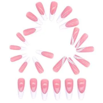 24Pcs French Tip Press on Nails, Pink Glossy Fake Nail Long Nails Tips Full Cover Glue on Nails Square Cute False Nails with Design Fashion Soft Acrylic Nails for Women Girls Daily Wear Nail Art Gift