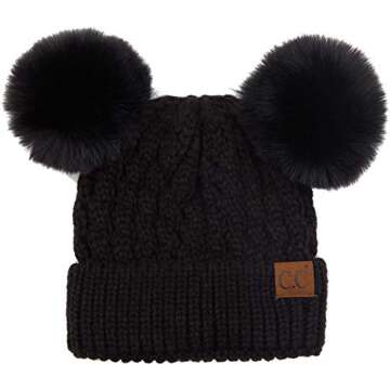 Funky Junque Women's Beanie Double Pom Adult Knit Hat with Two Pom Poms for Women, Warm Winter Cap (Black Faux Fur)