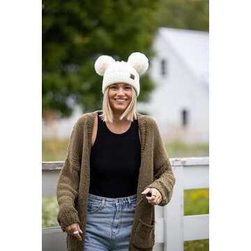 Funky Junque Women's Beanie Double Pom Adult Knit Hat with Two Pom Poms for Women, Warm Winter Cap (Black Faux Fur)