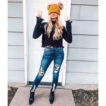 Funky Junque Women's Beanie Double Pom Adult Knit Hat with Two Pom Poms for Women, Warm Winter Cap (Black Faux Fur)