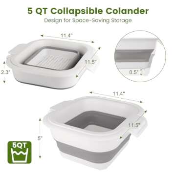 Collapsible Colander Set with Strainer Bowl, 2 in 1 Fruit Washing Basket with Strainer, 5 + 3 QT Plastic Colander for Kitchen, Foldable Double Layered Colander Bowl for Berry, Vegetable, Grey & White