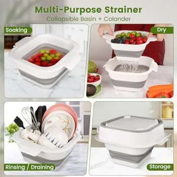 Collapsible Colander Set with Strainer Bowl, 2 in 1 Fruit Washing Basket with Strainer, 5 + 3 QT Plastic Colander for Kitchen, Foldable Double Layered Colander Bowl for Berry, Vegetable, Grey & White