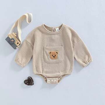 Cute Baby Sweatshirt Romper Waffle Knit Baby Clothes Infant Girl Boy Fall Winter Outfits (Khaki, 12-...