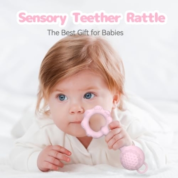Teething Toys for Babies 6-12 Months, Baby Rattles 0-6 Months, 2-in-1 Rattle and Teether Toy for Soothing Sore Gums and Keeps Little Ones Entertained, Food Grade Silicone, Pink