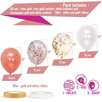 Dandy Decor 60 Pack Rose Gold Balloons + White Balloons + Confetti Balloons w/Ribbon | Rosegold Ball...