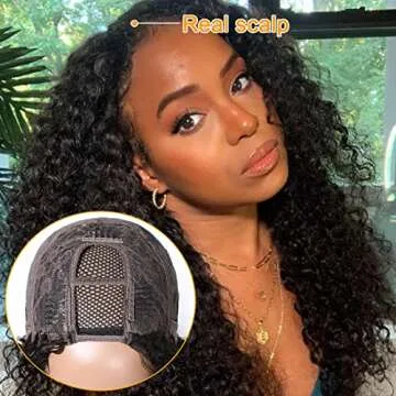 Nadula Hair Curly U Part Human Hair Wig for Black Women, Brazilian Virgin Jerry Curly Hair Glueless Upart Wig No Glue No Sew in Beginner Friendly 150% Density Natural Color (16inch)