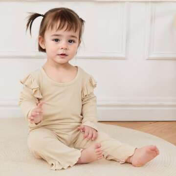 Kupretty Baby Girl Clothes Fall Solid Ribbed Knit Ruffle T-Shirt Tee & Flare Pants Set Toddler Bell-bottoms Outfit (Beige, 3-4T)