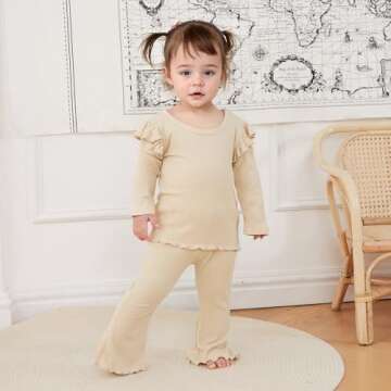 Kupretty Baby Girl Clothes Fall Solid Ribbed Knit Ruffle T-Shirt Tee & Flare Pants Set Toddler Bell-bottoms Outfit (Beige, 3-4T)