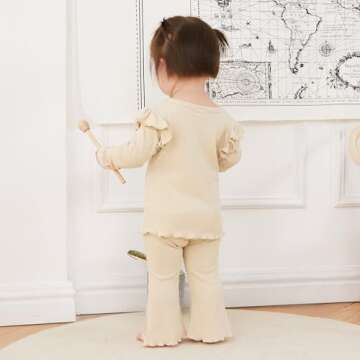 Kupretty Baby Girl Clothes Fall Solid Ribbed Knit Ruffle T-Shirt Tee & Flare Pants Set Toddler Bell-bottoms Outfit (Beige, 3-4T)