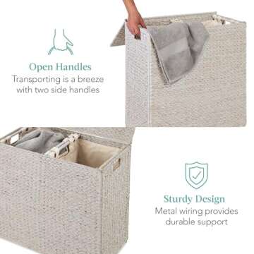 Best Choice Products Large Double Laundry Hamper with Lid, Natural Handwoven Water Hyacinth, 2 Sections w/ 2 Machine Washable Linen Liner Bags, Portable, Handles - White