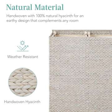 Best Choice Products Large Double Laundry Hamper with Lid, Natural Handwoven Water Hyacinth, 2 Sections w/ 2 Machine Washable Linen Liner Bags, Portable, Handles - White