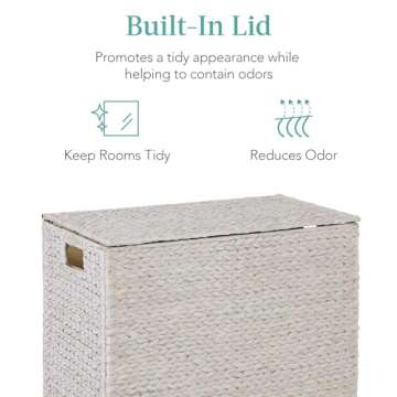 Best Choice Products Large Double Laundry Hamper with Lid, Natural Handwoven Water Hyacinth, 2 Sections w/ 2 Machine Washable Linen Liner Bags, Portable, Handles - White