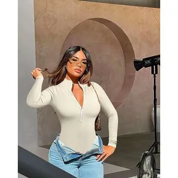 OQQ Women's 2 Piece Bodysuits Sexy Ribbed One Piece Zip Front Long Sleeve Tops Bodysuits Black Beige